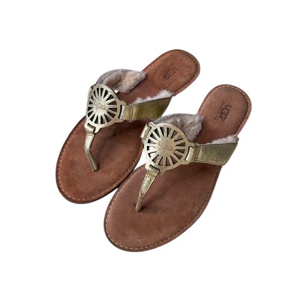 UGG Gold Ayden Sherpa Lined Leather Flip Flop Sandals‎ Size 7 - Picture 1 of 5